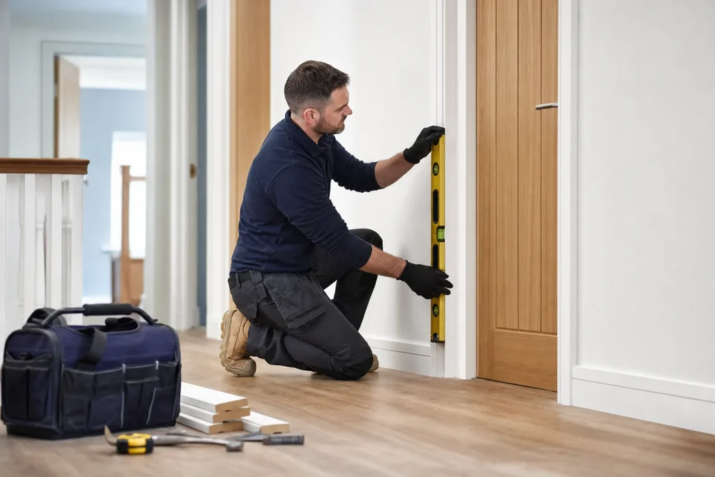 Carpenter checking a finished door, architrave and skirting before handover.
