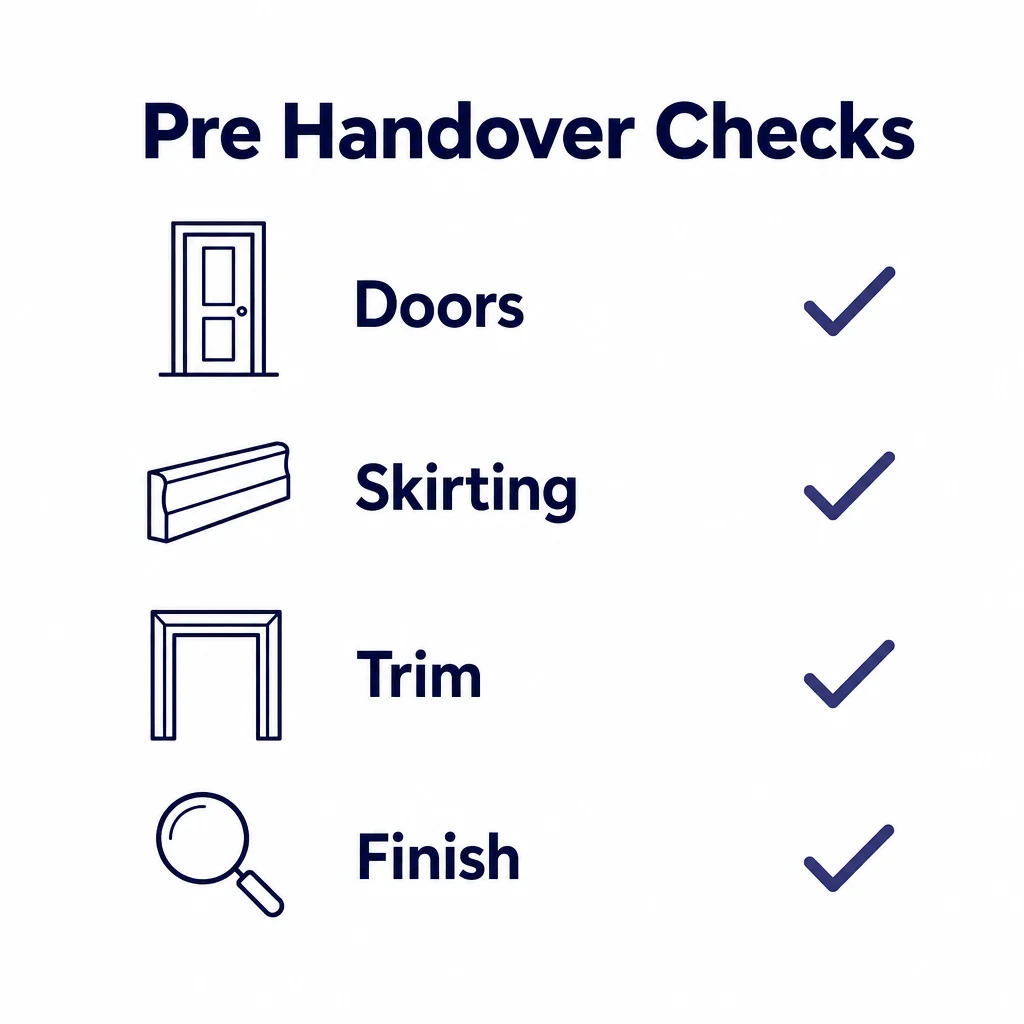 Checklist graphic for doors, skirting, trim and finish before handover.