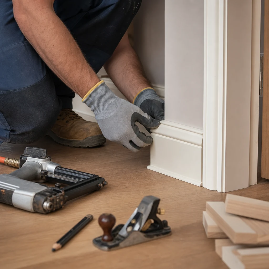 Close-up of tight mitred skirting and architrave being fitted.
