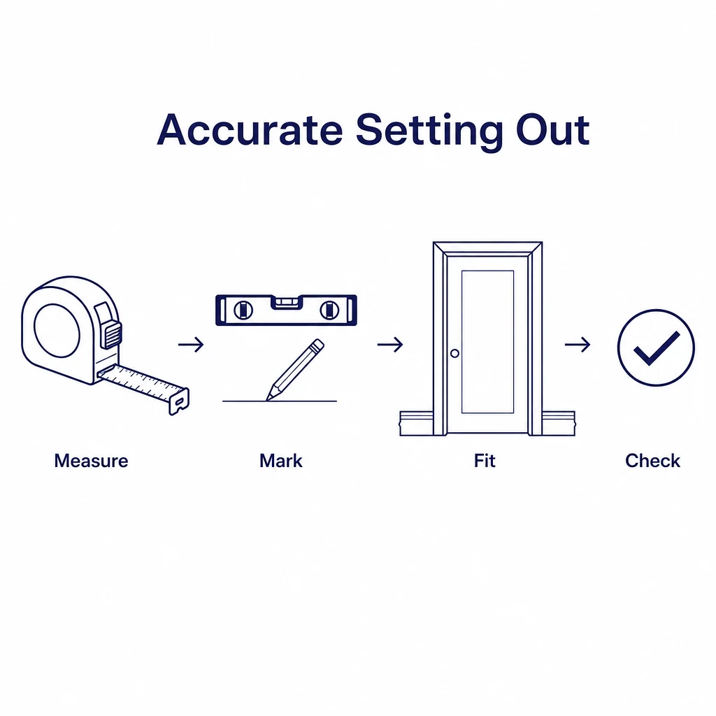 Graphic showing measure, mark, fit and check steps for accurate setting out.