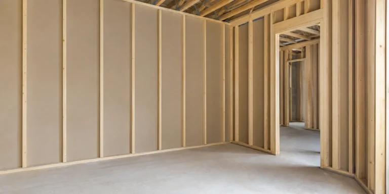 Straight timber stud walls and a neat door opening in a clean first fix room