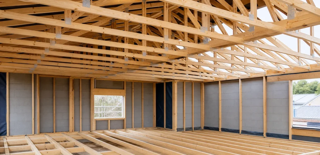 Clean timber joists and roof trusses in a first fix carpentry structure