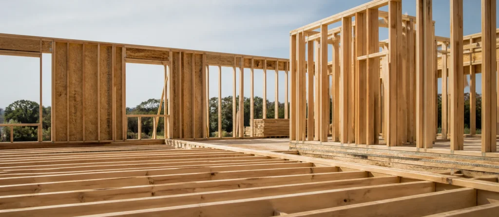Timber joists and wall plates ready for roof construction